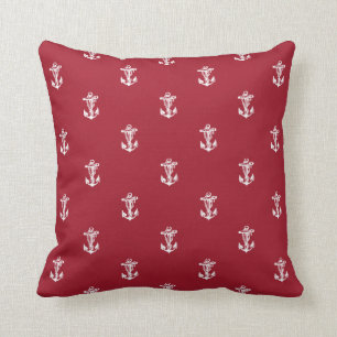 Vintage Nautical Anchor Pattern Red Throw Pillow