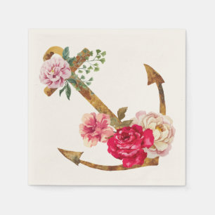 Vintage Nautical Anchor Pink & Red Peony Flower Napkin