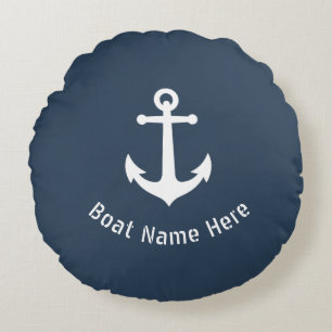 Vintage Nautical Anchor Your Boat Name Blue Gray Round Cushion
