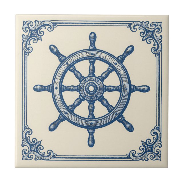 vintage Nautical Blue Captains Wheel Tile (Front)