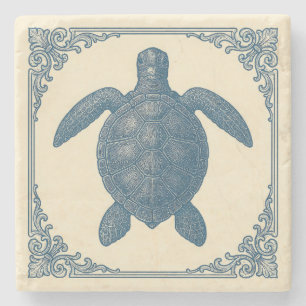 Vintage Nautical Blue Sea Turtle Stone Coaster