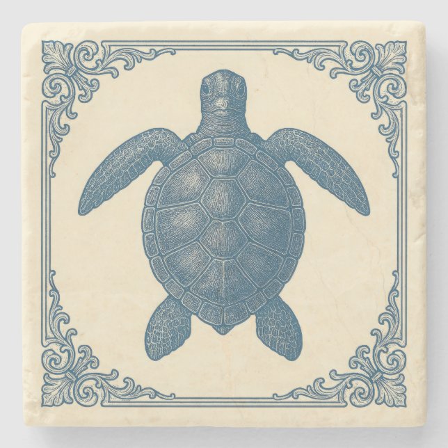 Vintage Nautical Blue Sea Turtle Stone Coaster (Front)