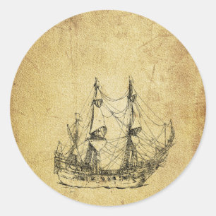 Vintage nautical classy ancient ship classic round sticker