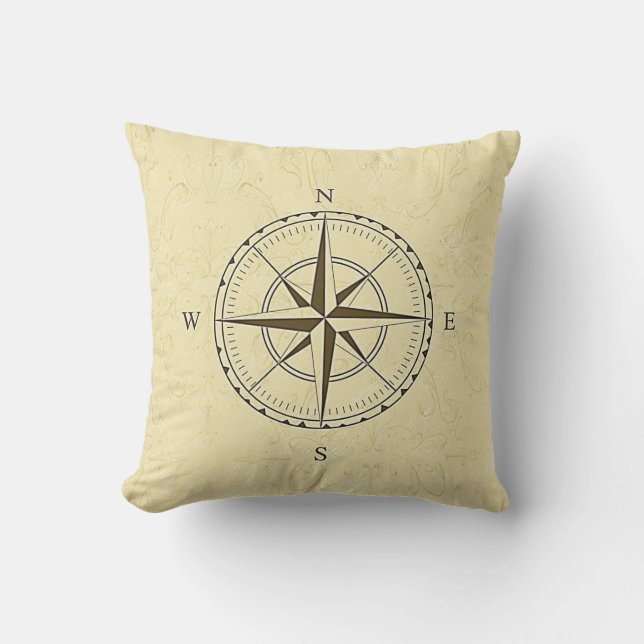 Vintage Nautical Compass Rose Ivory Throw Cushion (Front)