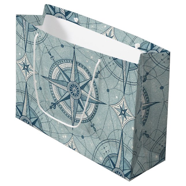 Vintage Nautical Compass Rose Pattern Large Gift Bag (Front Angled)