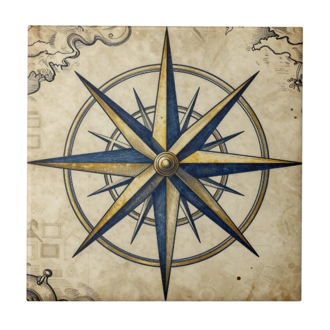Vintage Nautical Compass Rose Tile (Front)