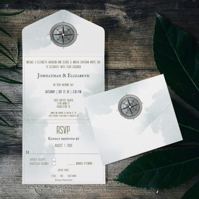 Vintage Nautical Compass Wedding All In One Invitation (Vintage Nautical Compass All in One Wedding Invitation)