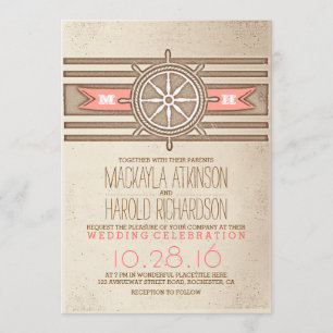 vintage nautical coral wedding invitation