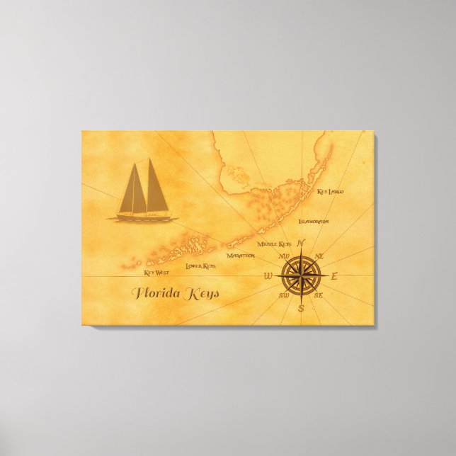Vintage Nautical Florida Keys Map Canvas Print (Front)