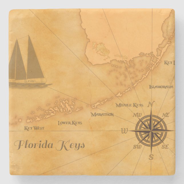 Vintage Nautical Florida Keys Map Stone Coaster (Front)
