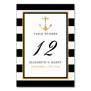 Vintage Nautical Gold Anchor, Black & Gold Wedding Table Number
