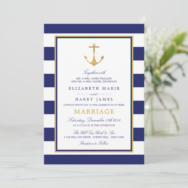 Vintage Nautical Gold Anchor Wedding Invitation (Standing Front)
