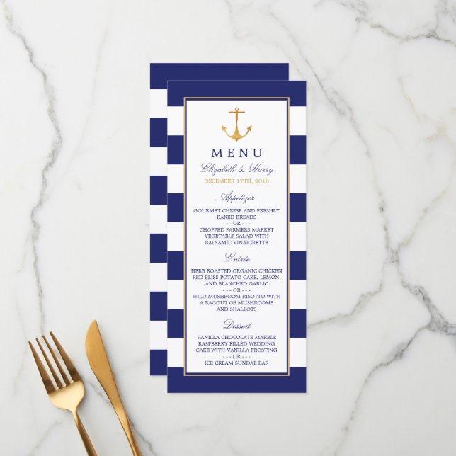 Vintage Nautical Gold Anchor Wedding Menu (Front/Back In Situ)