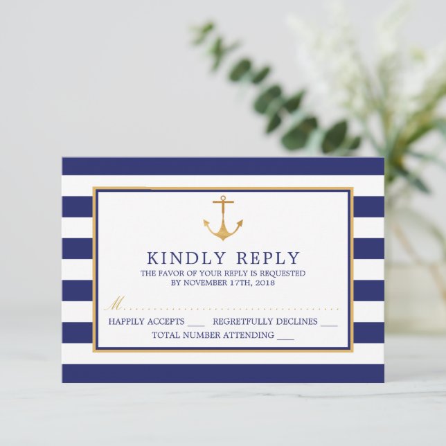 Vintage Nautical Gold Anchor Wedding RSVP Card (Standing Front)