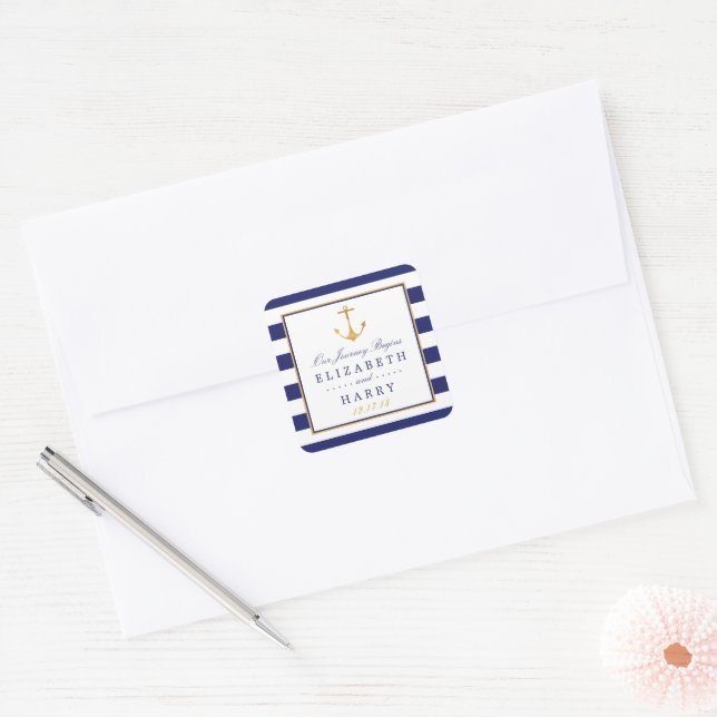 Vintage Nautical Gold Anchor Wedding Square Sticker (Envelope)