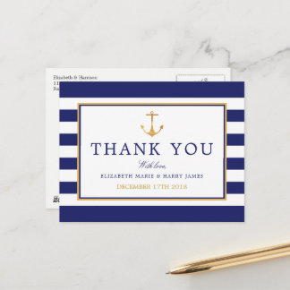 Vintage Nautical Gold Anchor Wedding Thank You Postcard