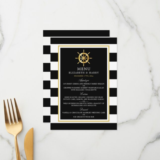 Vintage Nautical Gold Wheel, Black & Gold Wedding Menu (Front/Back In Situ)