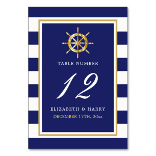 Vintage Nautical Gold Wheel, Navy & Gold Wedding Table Number