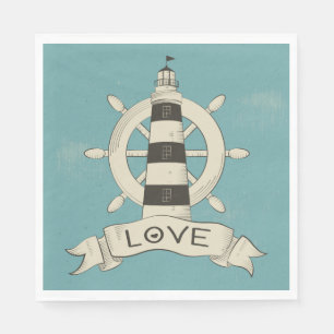 Vintage Nautical Lighthouse & Ship Wheel Blue Napkin