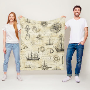 Vintage Nautical Map Pattern with Ships & Compass Fleece Blanket