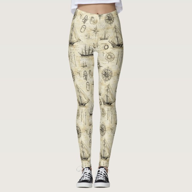 Vintage Nautical Map Pattern with Ships & Compass Leggings (Front)