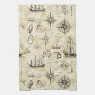 Vintage Nautical Map Pattern with Ships & Compass Tea Towel