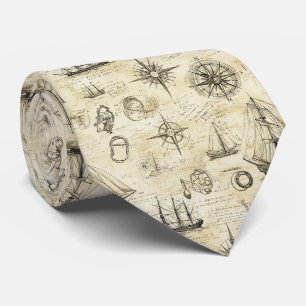 Vintage Nautical Map Pattern with Ships & Compass Tie