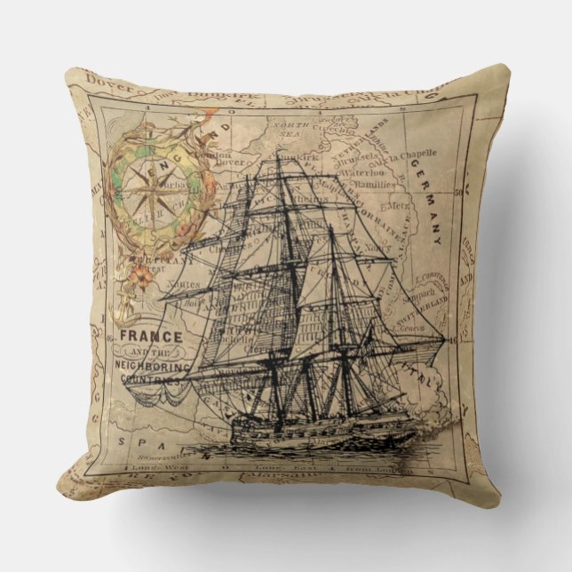 Vintage Nautical Map Throw Pillow (Front)