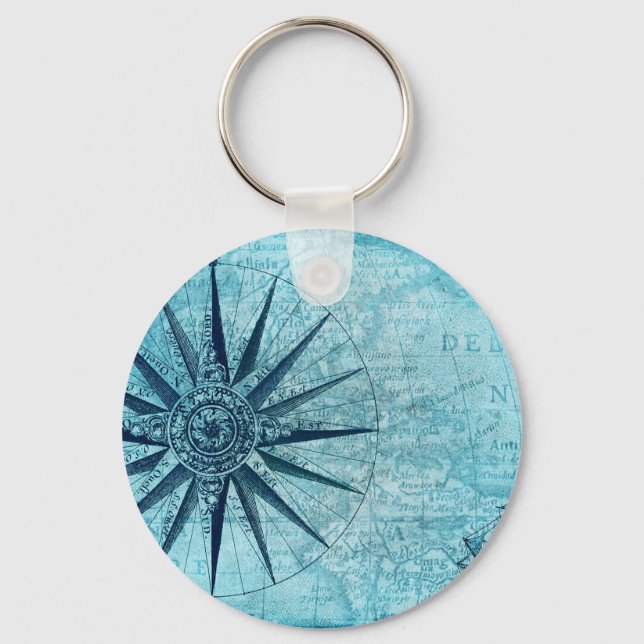 Vintage Nautical Navigation Compass Map Key Ring (Front)