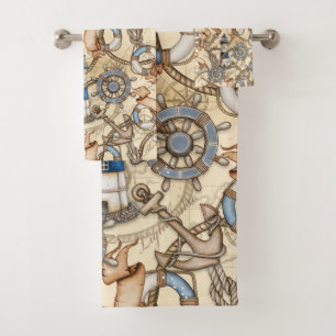 Vintage Nautical Navigation Map Collage Bath Towel Set