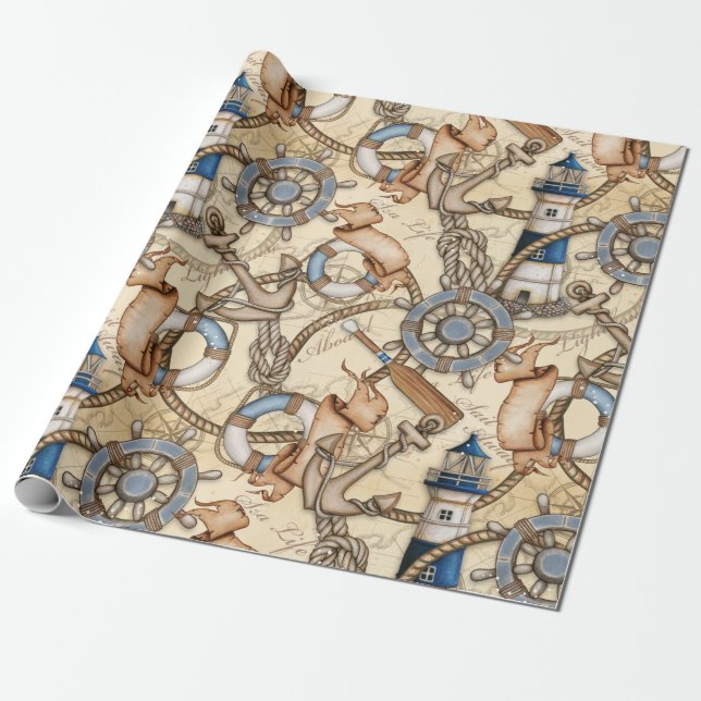 Vintage Nautical Navigation Map Collage Wrapping Paper (Unrolled)