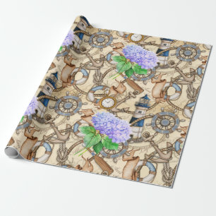 Vintage Nautical Navigation Map with Hydrangea Wrapping Paper