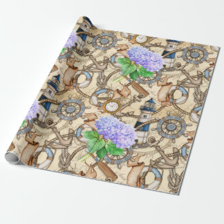 Vintage Nautical Navigation Map with Hydrangea Wrapping Paper