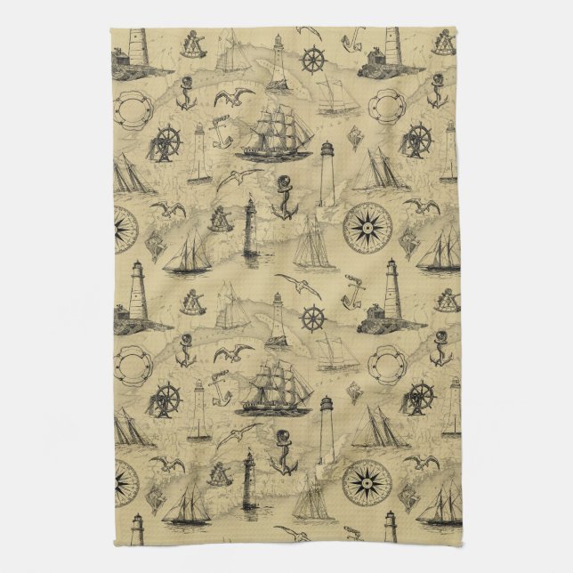 Vintage Nautical Old Map Pattern Seafaring Tea Towel (Vertical)