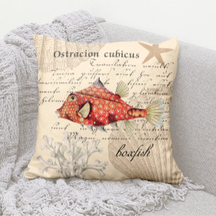 Vintage Nautical Orange Boxfish Illustration Cushion