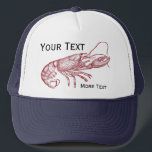 Vintage Nautical Red Lobster Custom Beach House Trucker Hat<br><div class="desc">Celebrate the seaside and summer with this vintage nautical red lobster design. A rustic red lobster illustration is set against a beautiful blue faux linen background. Add your custom monogram or text - family name, beach house name, year established, etc - or delete text if you'd like. Perfect for the...</div>