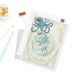 Vintage Nautical Sea Creatures Postcard<br><div class="desc">Nautical blue octopus with blue turtles illustrated inside a vintage frame with a retro,  grungy,  teal/ivory striped background.</div>