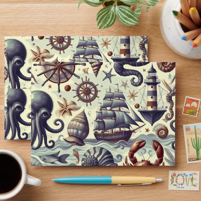 Vintage Nautical Sealife Illustration Envelope (Desk)