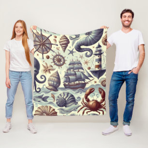 Vintage Nautical Sealife Illustration Fleece Blanket