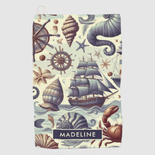 Vintage Nautical Sealife Illustration Golf Towel