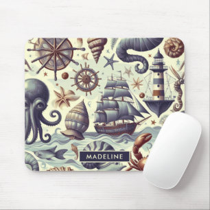 Vintage Nautical Sealife Illustration Mouse Pad