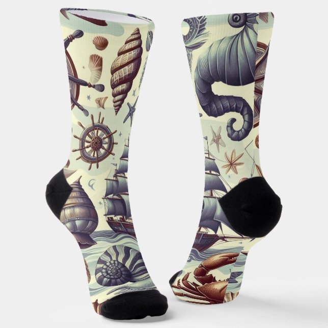 Vintage Nautical Sealife Illustration Socks (Angled)