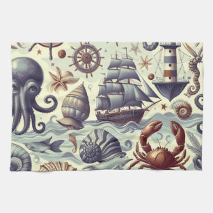 Vintage Nautical Sealife Illustration Tea Towel