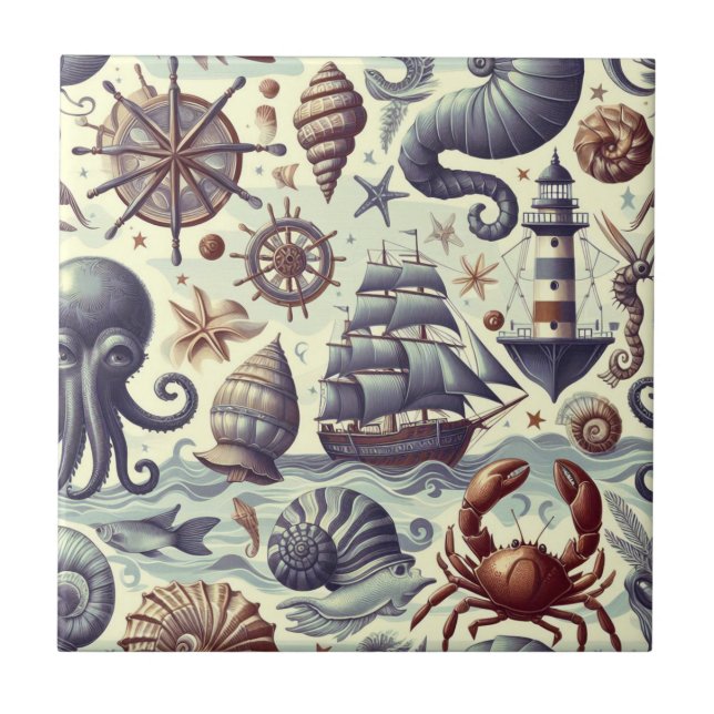 Vintage Nautical Sealife Illustration Tile (Front)