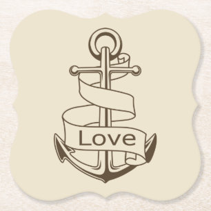 Vintage Nautical Ship Anchor Tan Love Wedding Paper Coaster