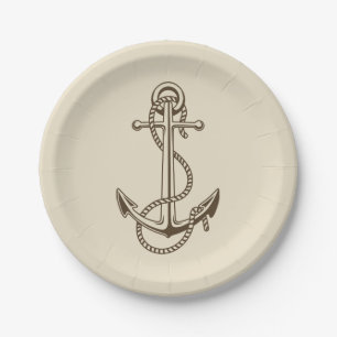 Vintage Nautical Ship Anchor Tan Wedding Party Paper Plate