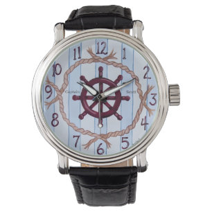 Vintage Nautical Ship Wheel Coastal Stripe Custom Watch