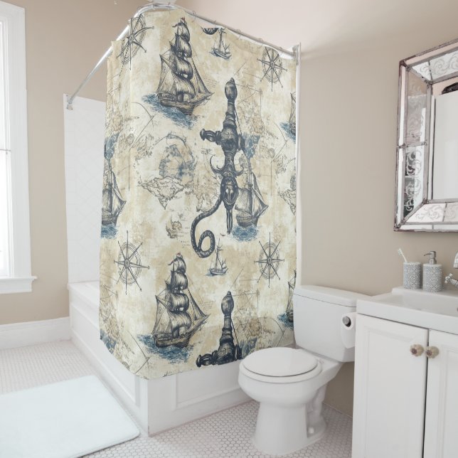 Vintage Nautical Shower Curtain (In Situ)