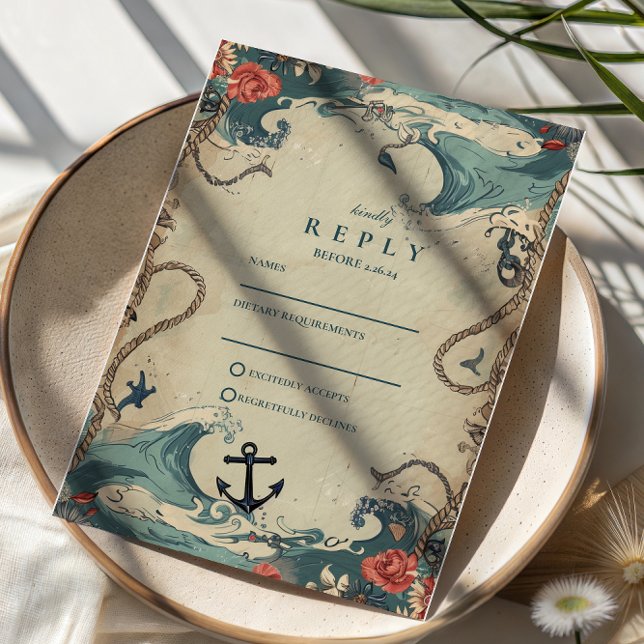 Vintage Nautical Waves & Rope Wedding RSVP Card (Creator Uploaded)