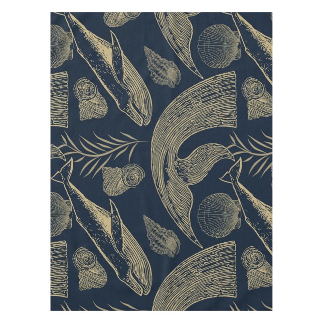 Vintage Nautical Whale Blue  Tablecloth (Front)